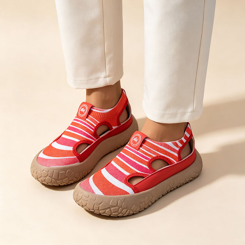 Striped, hollowed-out, platform slip-on sneakers