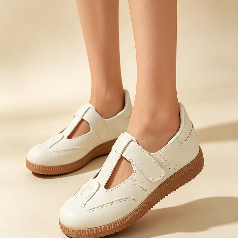 Women's T-Strap Cut-Out Vintage Walking Flats – Velcro