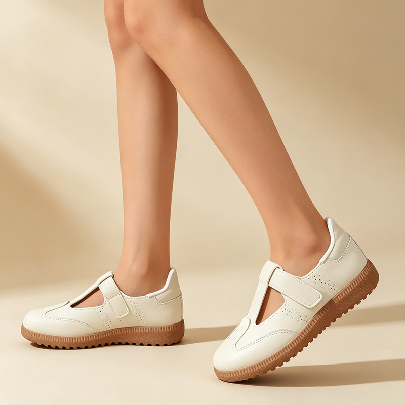 Women's T-Strap Cut-Out Vintage Walking Flats – Velcro