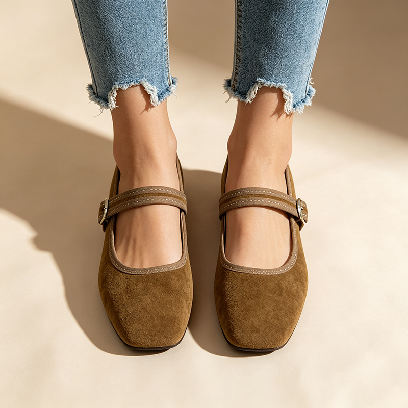 Women's Retro Square-Toe Suede Mary Jane Flats with Adjustable Single Strap