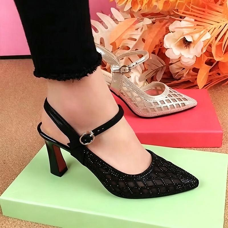 Women's Mesh Rhinestone Pointed-Toe High-Heel Sandals