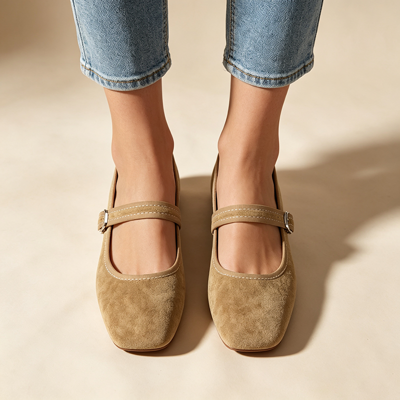 Women's Retro Square-Toe Suede Mary Jane Flats with Adjustable Single Strap
