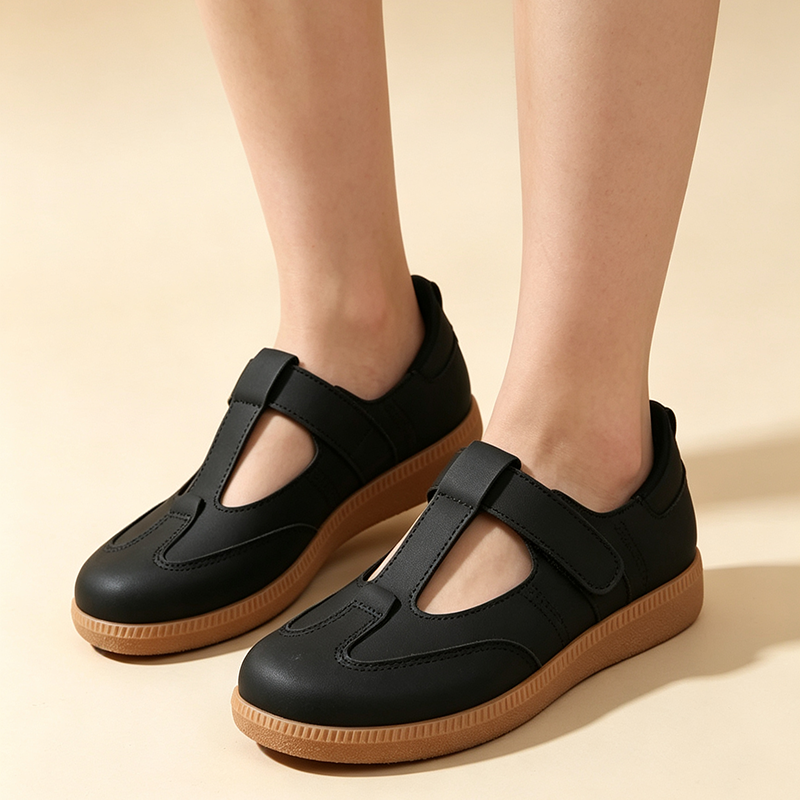 Women's T-Strap Cut-Out Vintage Walking Flats – Velcro