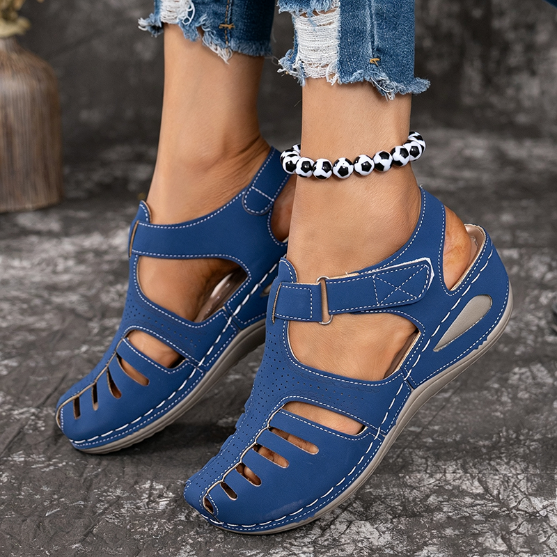 Women's Closed-Toe Cut-Out Wedge Sandals with Adjustable Hook-and-Loop Closure