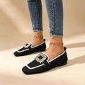 Women's color-block square-toe knit loafers with rhinestone buckle