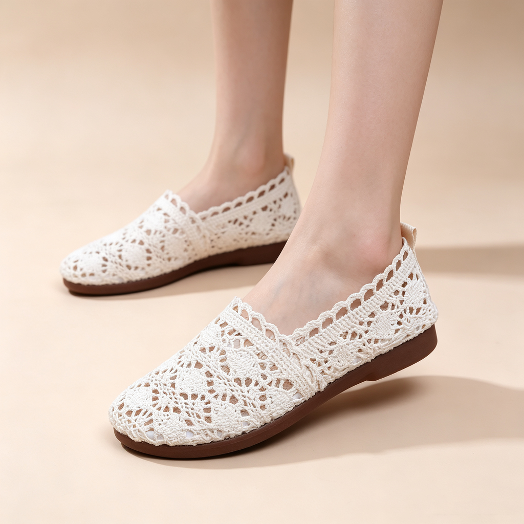 Breathable Hollow Mesh Lace Soft Sole Casual Slip Ons Flat Shoes