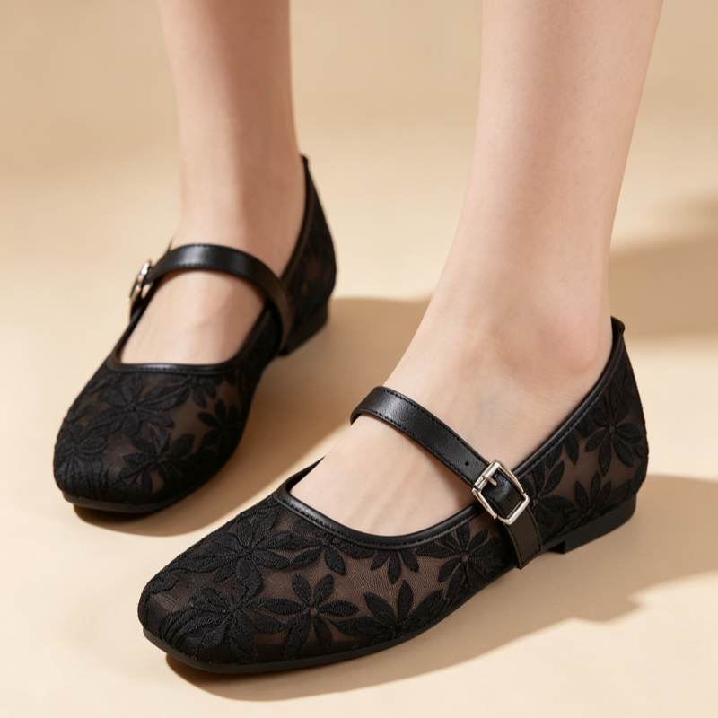 Women's Breathable Casual Mesh Mary Jane Flats with Floral Lace Embroidery