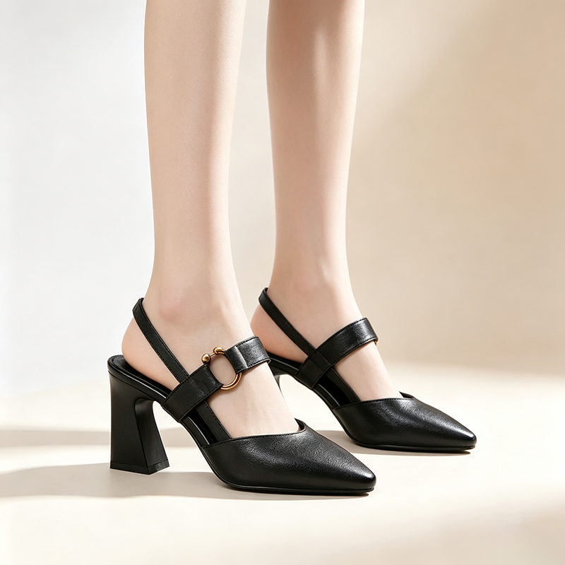 Women's Pointed-Toe Buckled Slingback Sandals with Retro Block Heels