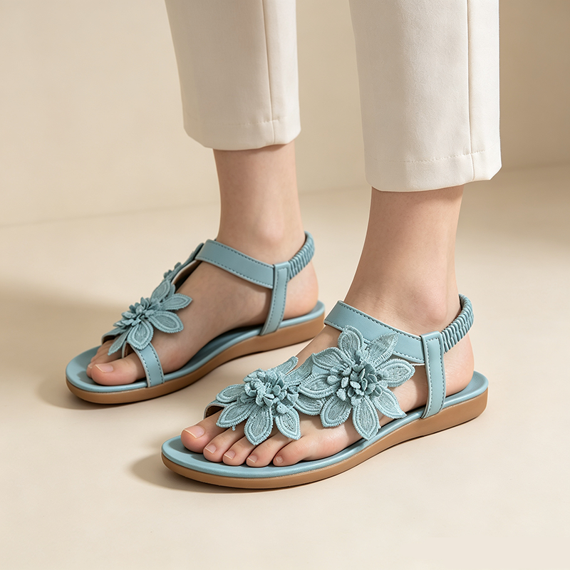 Women's Floral Lace Flat Beach Shoes with Elastic Ankle Strap and Open Toe