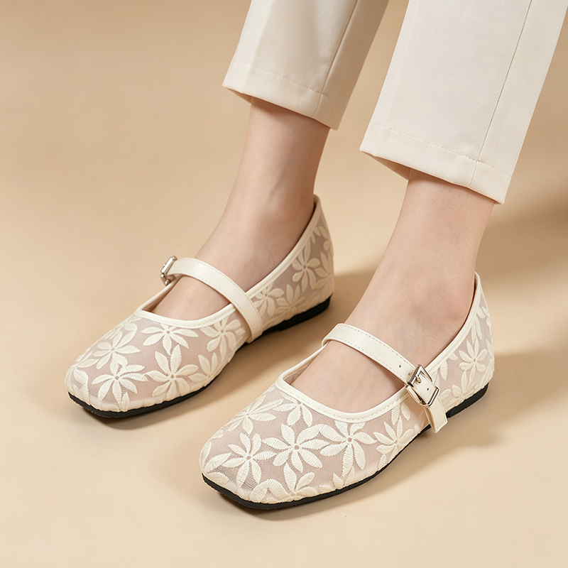Women's Breathable Casual Mesh Mary Jane Flats with Floral Lace Embroidery