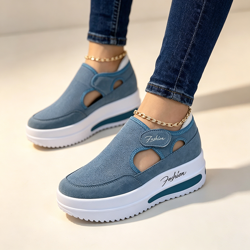 Women's casual cutout mesh sneakers with thick soles and Velcro straps