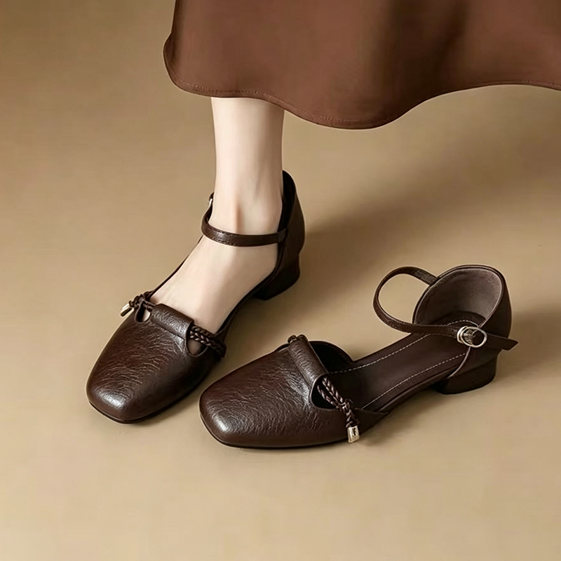 Women's Retro Woven Knot Square-Toe Low-Heel Sandals