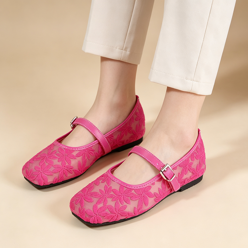 Women's Breathable Casual Mesh Mary Jane Flats with Floral Lace Embroidery