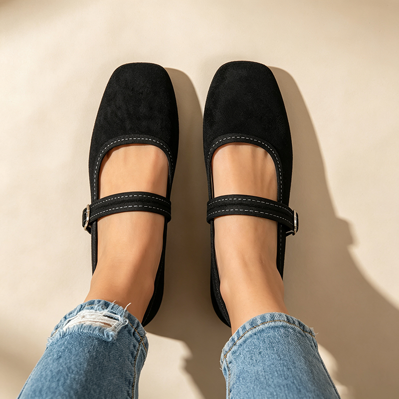 Women's Retro Square-Toe Suede Mary Jane Flats with Adjustable Single Strap