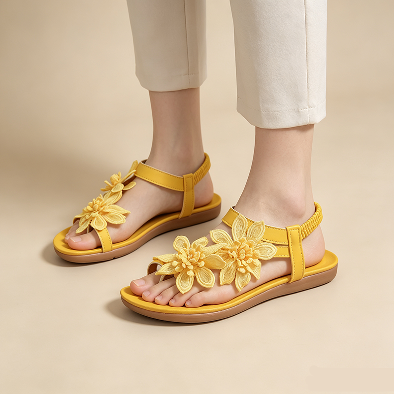 Women's Floral Lace Flat Beach Shoes with Elastic Ankle Strap and Open Toe