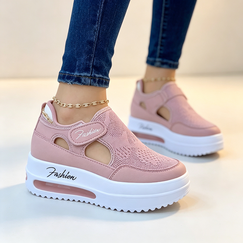 Women's casual cutout mesh sneakers with thick soles and Velcro straps
