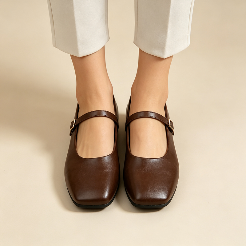 Women's Retro Square-Toe Mary Jane Flats with Single Ankle Strap