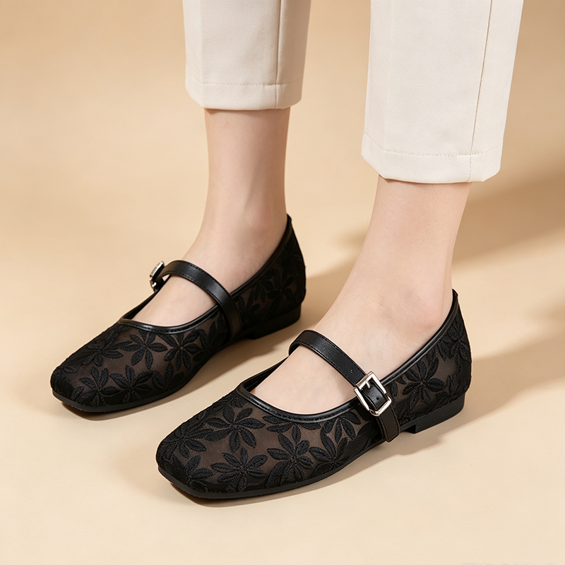 Women's Breathable Casual Mesh Mary Jane Flats with Floral Lace Embroidery
