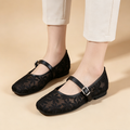 Women's Breathable Casual Mesh Mary Jane Flats with Floral Lace Embroidery