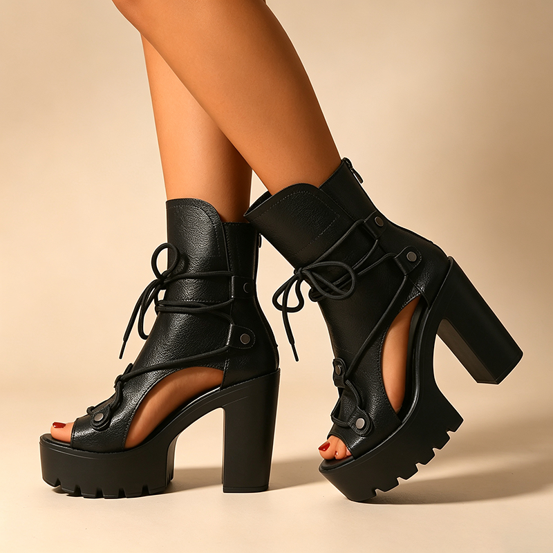 Women's Lace-Up Cut-Out Block-Heel Platform Ankle Boots