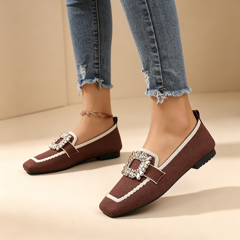 Women's color-block square-toe knit loafers with rhinestone buckle