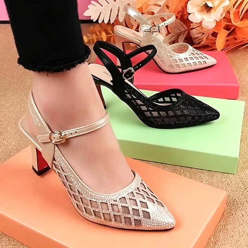 Women's Mesh Rhinestone Pointed-Toe High-Heel Sandals