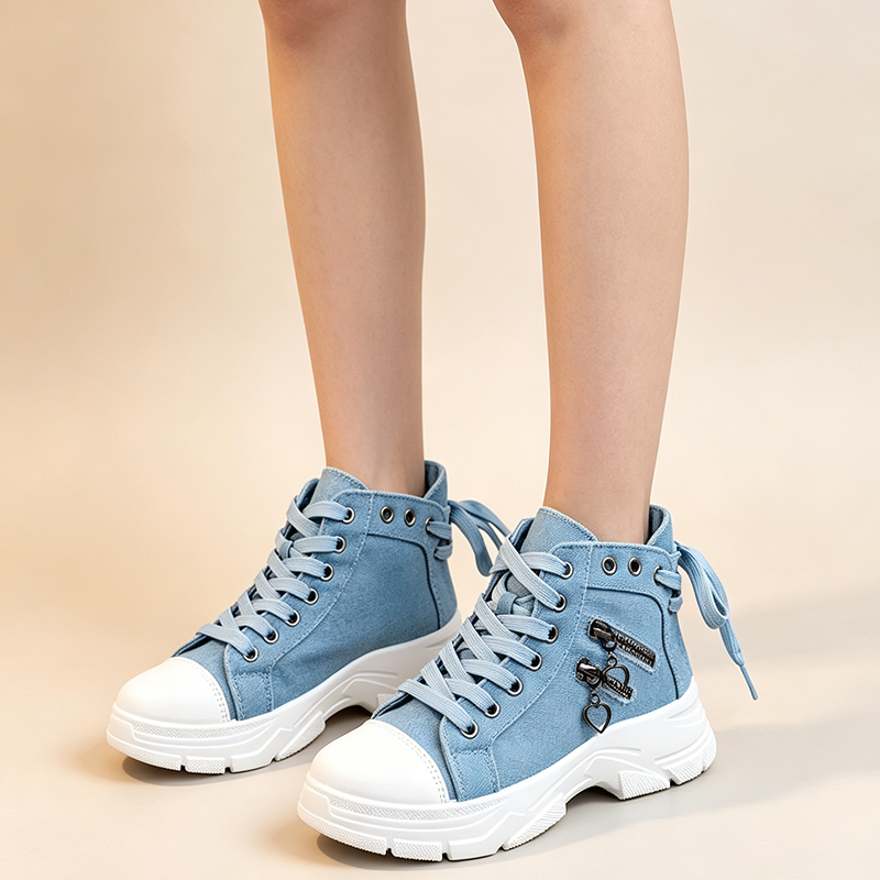 Women's Denim High-Top Platform Sneakers with Cute Heart-Shaped Zipper