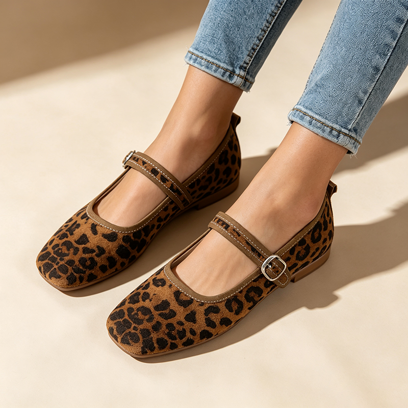 Women's Retro Square-Toe Suede Mary Jane Flats with Adjustable Single Strap