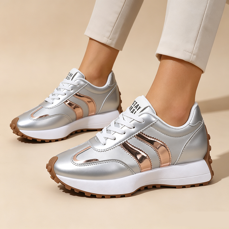 Women's Lightweight Casual Retro Striped Metallic Platform Sneakers