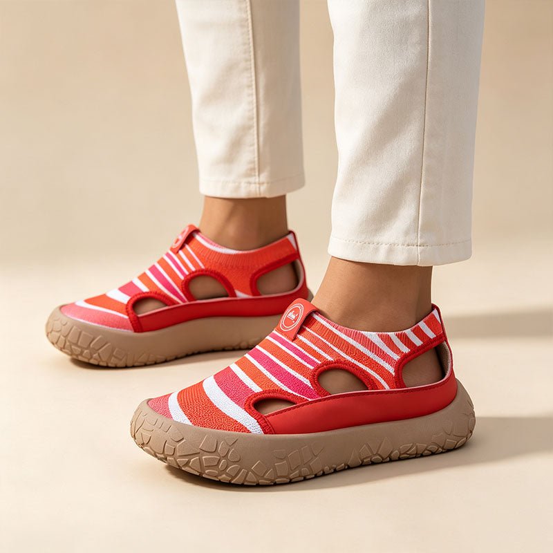 Striped, hollowed-out, platform slip-on sneakers