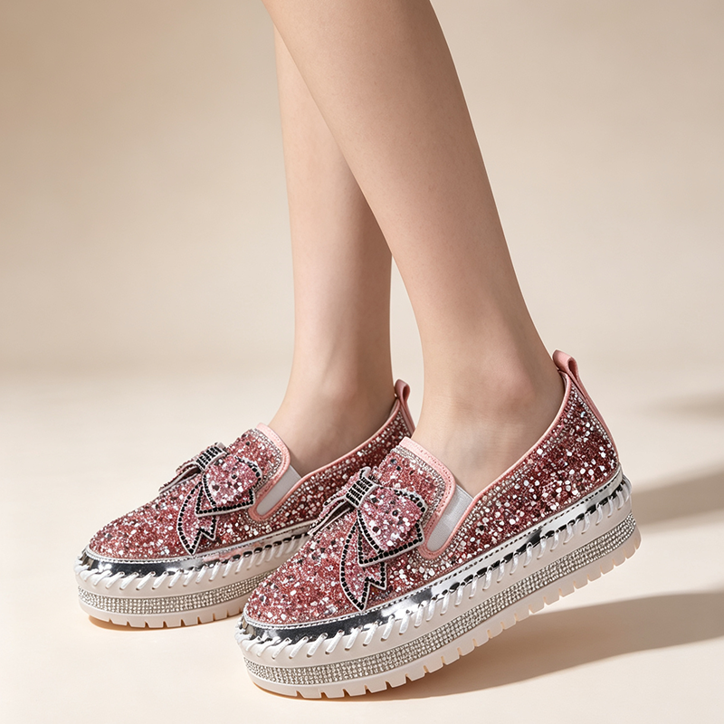 Women's Rhinestone Platform Loafers – Sparkling Bow Slip-Ons