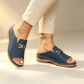 Women's open-toe wedge slides with metallic embellishment