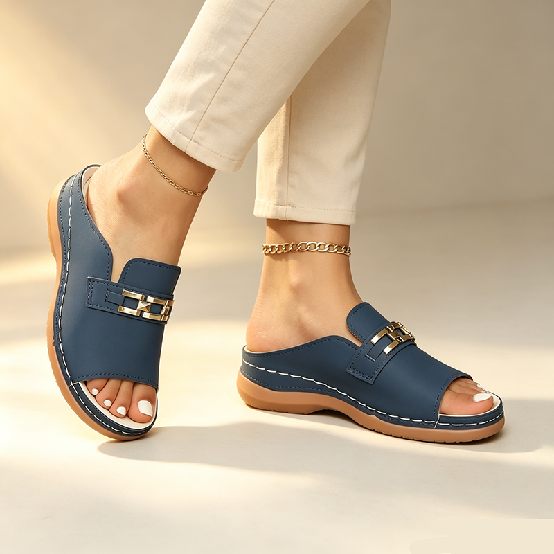 Women's open-toe wedge slides with metallic embellishment