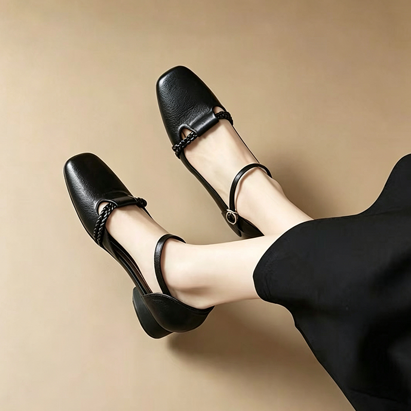 Women's Retro Woven Knot Square-Toe Low-Heel Sandals