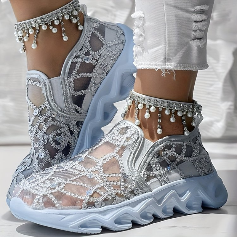 Women's sequin lace-mesh slip-on sneakers