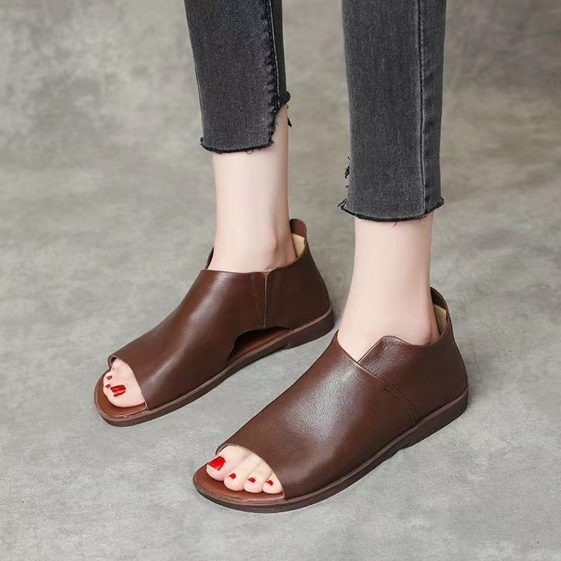 Women's Vintage Open-Toe Leather Flat Sandals