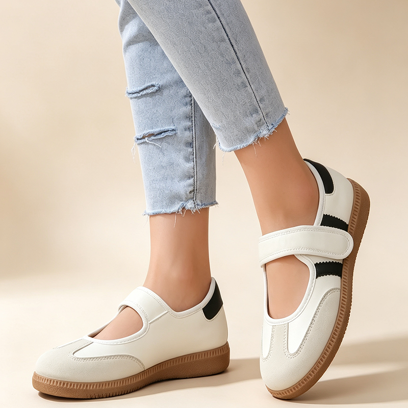 Women's T-Strap Cut-Out Vintage Walking Flats – Velcro