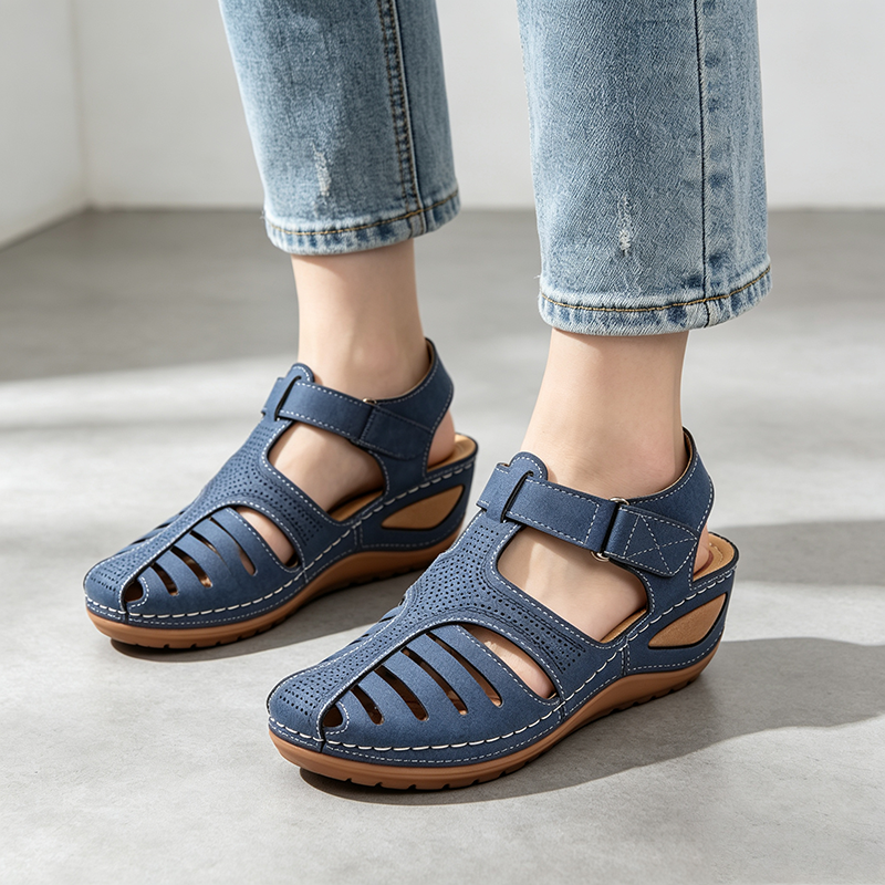 Women's Closed-Toe Cut-Out Wedge Sandals with Adjustable Hook-and-Loop Closure