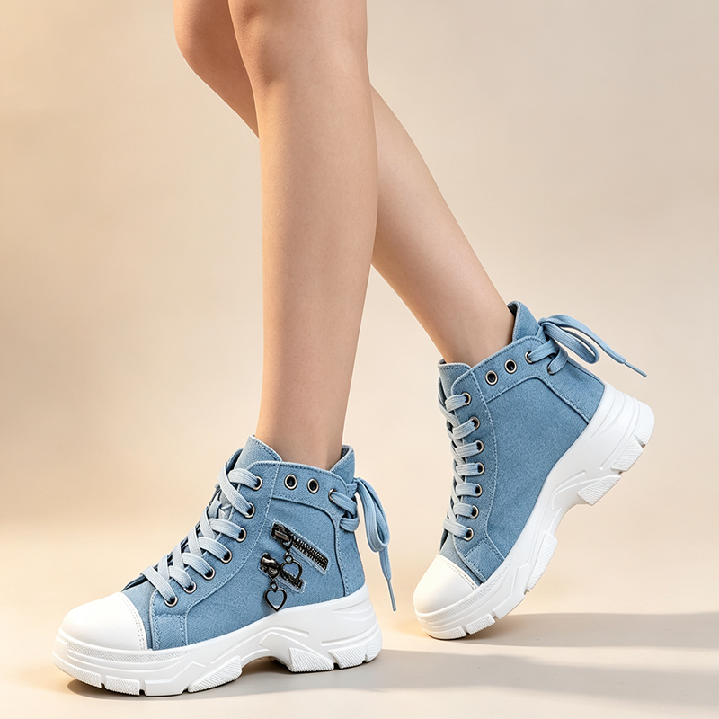 Women's Denim High-Top Platform Sneakers with Cute Heart-Shaped Zipper