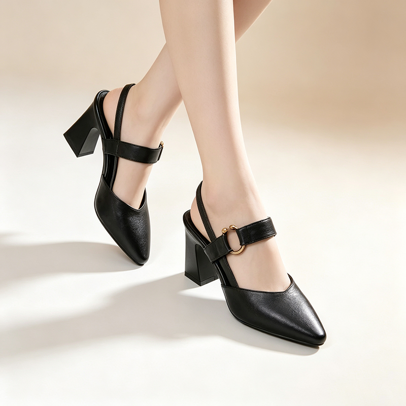 Women's Pointed-Toe Buckled Slingback Sandals with Retro Block Heels