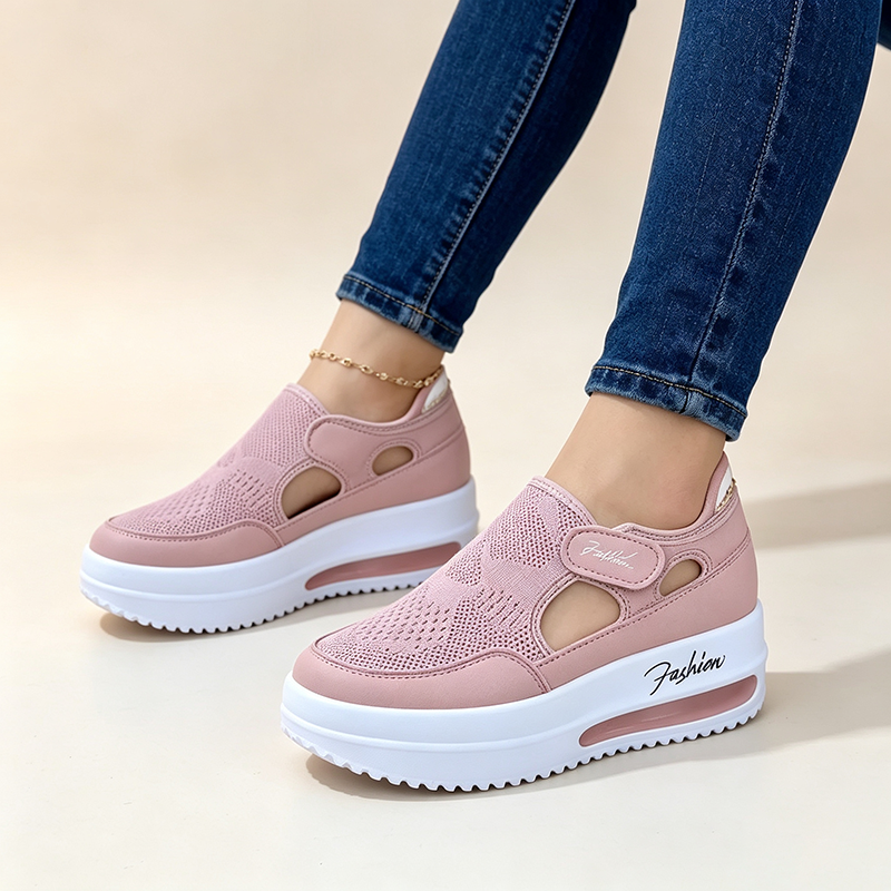 Women's casual cutout mesh sneakers with thick soles and Velcro straps