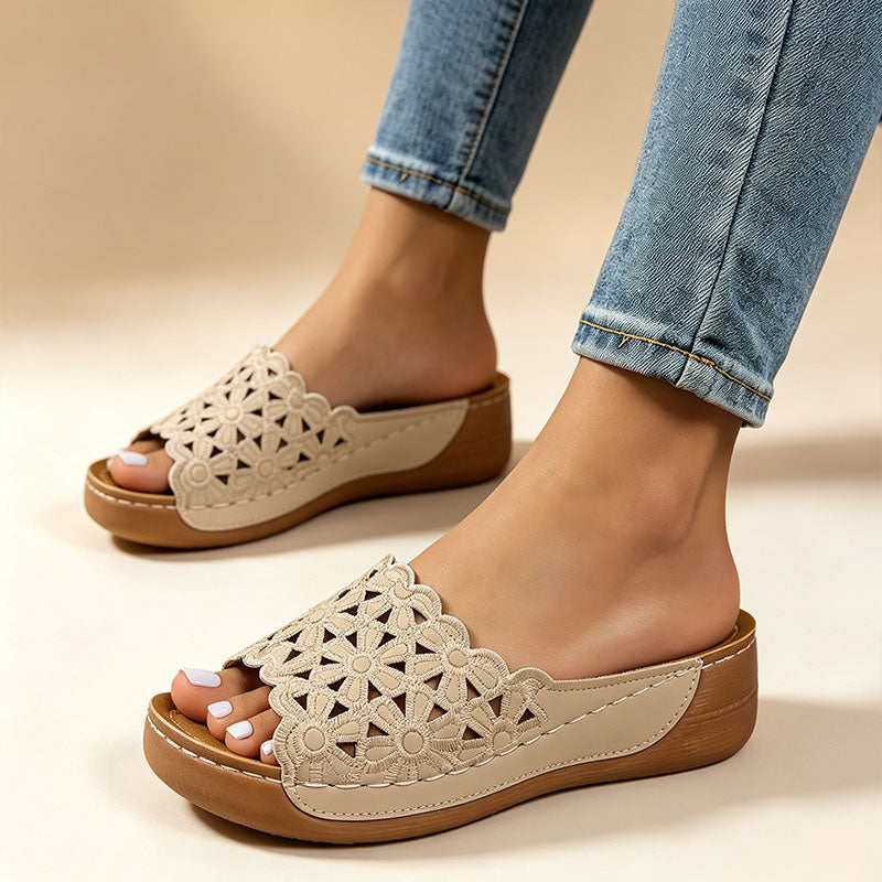 Breathable hollowed-out floral upper platform sandals