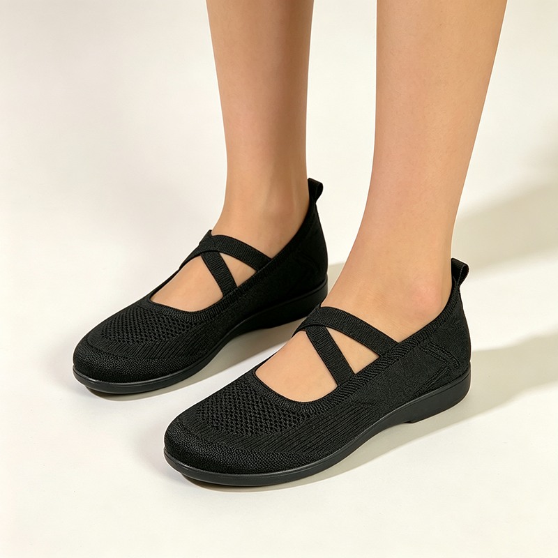 Women's Breathable Knit Slip-On Walking Flats with Dual Straps