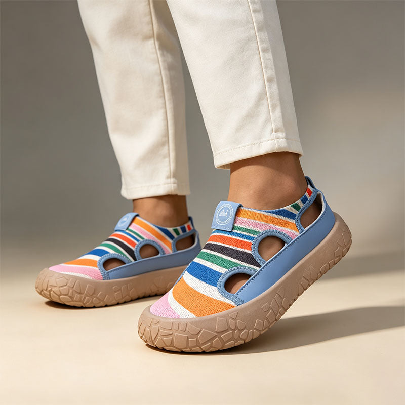 Striped, hollowed-out, platform slip-on sneakers