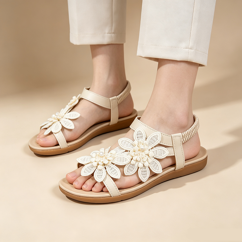 Women's Floral Lace Flat Beach Shoes with Elastic Ankle Strap and Open Toe