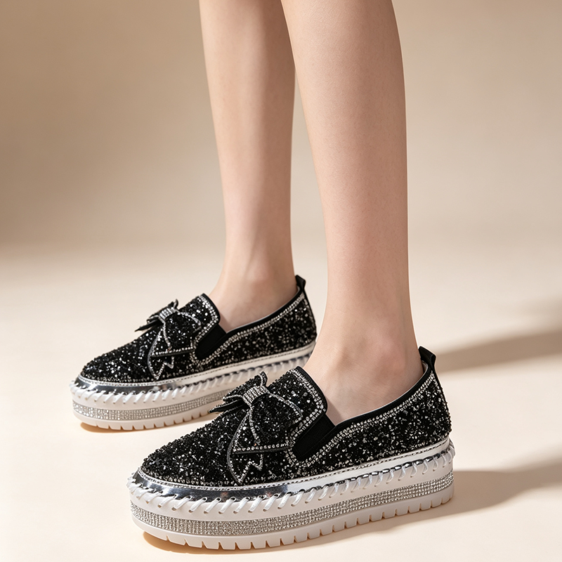 Women's Rhinestone Platform Loafers – Sparkling Bow Slip-Ons
