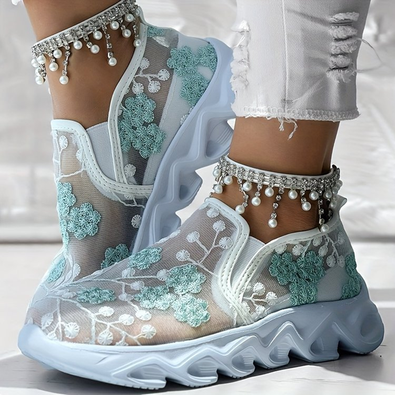 Women's sequin lace-mesh slip-on sneakers