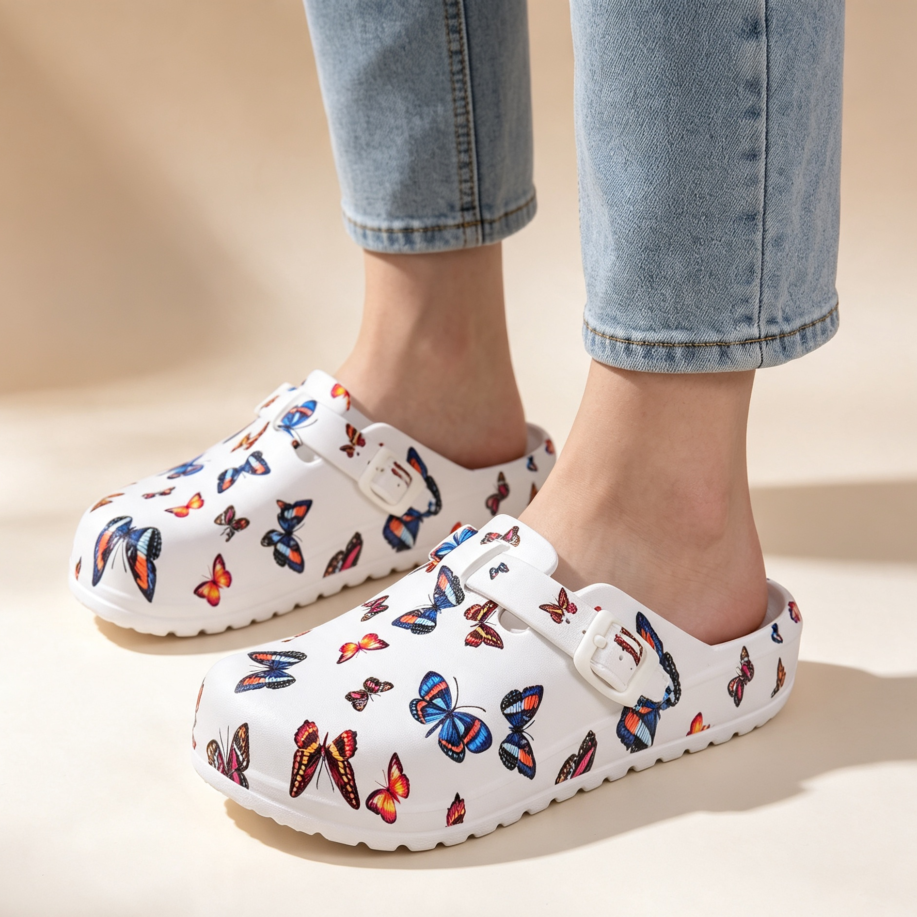Women's EVA Closed Toe Butterfly Print Slide Sandals