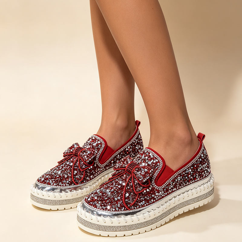 Women's Rhinestone Platform Loafers – Sparkling Bow Slip-Ons