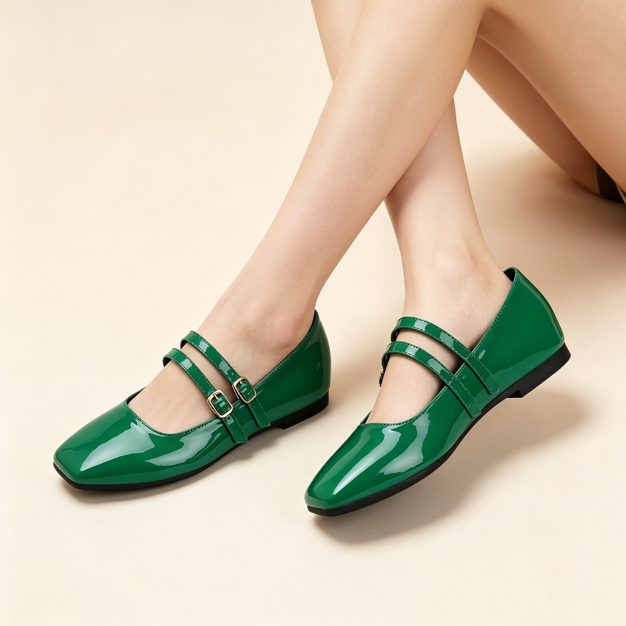 Vintage French Square Toe Patent Leather Mary Jane Flats for Women